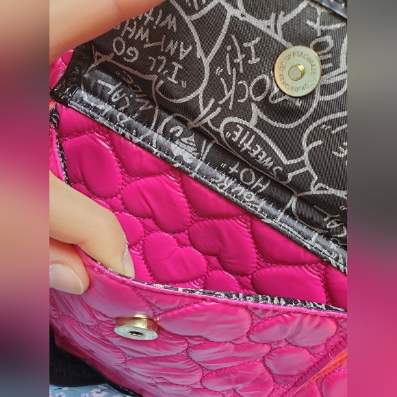 NWOT Betsey Johnson hot pink, red & black quilted hearts crossbody bag. - Picture 13 of 16